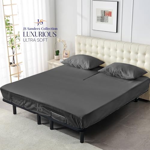 JS Sanders Collection 600TC Flex Top Queen Sheets for Sleep Number Bed - 100% Cotton 4 Pcs Top Split Queen Sheets for Adjustable Bed Queen 36 Inch Down Dark Grey -18 Inch Deep