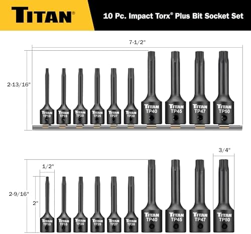 Titan 49008 10-Piece Impact Torx Plus Bit Socket Set, Sizes TP10 thru TP50, S2 and 6150 Alloy Steel, Extra-long Design for Greater Reach and Access, Metal Storage Rail