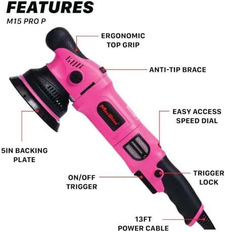 Maxshine M15 Pro Dual Action Polisher Pink – 15mm Long Throw Random Orbital Buffer, 1000W Detailing Machine 5″ Backing Plate – Variable Speed 2500–5000 OPM for Car, Truck, SUV & Boat Paint Correction