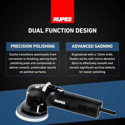 RUPES LHR12E BigFoot Duetto Random Orbital Polisher | Anti-Spinning Device | Minimizes the Chances of Creating Rough & Uneven Surfaces | Well Balanced & Low in Vibration