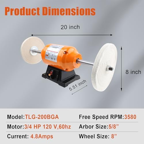 TOOLSPACE 8" Bench Buffer Polisher, 3/4 HP 3450 RPM, Dual Cloth Wheels for Knife Sharpening, Jewelry Polishing, Metal & Wood Finishing