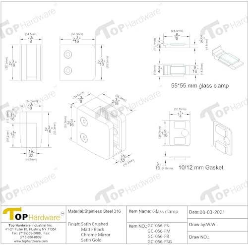 Stainless Steel 316 Square Flat Back Glass Clamp 55 x 55 mm for 3/8" - 1/2" Tempered Glass or Laminated Glass, Mirror Chrome Finish, GC-056M, 4 Pieces