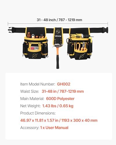 VEVOR Tool Belt, Magnetic Tool Pouch for Men, 28 Pockets Heavy Duty Adjustable Utility Belt Detachable Work Bag for Electrician, Carpenter, Construction, Work Apron Organizer, Waist Adjust 31 to 48in