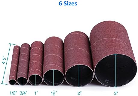 LotFancy Spindle Sanding Sleeves, 120 Grit, Pack of 24, Aluminum Oxide Abrasive, 4-1/2” Length, 4 Each of 1/2”,3/4”,1”,1-1/2”, 2” and 3”