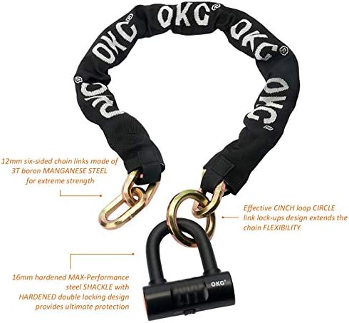 OKG Heavy Duty Bike Lock, Black, 8 lb, 2.6ft x 1/2 in (12mm) Thick Cut Proof Chain Combo 18mm Small U Lock, Ideal for Motorcycles, ATVs, Mopeds or Garage Security