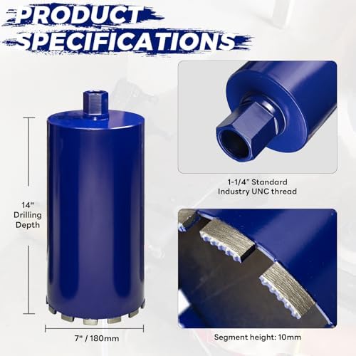7 Inch Core Drill Bit for Concrete with Rebar - 14" Depth, 1-1/4"-7 UNC, Wet Coring, Upgraded Welded Teeth for Brick, Block, Masonry, Stucco, Alsphalt - Great for DIY & Pros