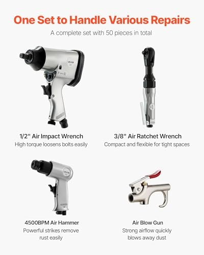 VEVOR 50 Pieces Pro Air Tool and Accessories Kit - 1/2" Air Impact Wrench, 3/8" Ratchet Wrench, 4500BPM Hammer, Blow Gun & Full Accessories for Auto Repairs, Home DIY Projects - with Storage Case