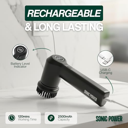 SonicPower Electric Spin Scrubber – Handheld & Ergonomic, IPX7 Waterproof, 4 Multi-Purpose Brush Heads, Long-Lasting Rechargeable Battery – Cleans Dishes, Bathroom, Tile, Grout & Kitchen (Black)