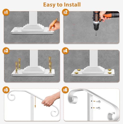 Handrail Railing, Single Post Handrail Fits 1 or 2 Steps, Sturdy Outdoor Stair Railing for Concrete&Wooden Steps with Base, Wrought Iron Stair Handrails, Grab Rail for Steps Porch, White | 38.8" Handrail Railing for Concrete&Wooden Steps with Base, Gra...