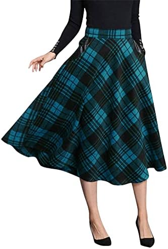 IDEALSANXUN Womens Plaid Wool Skirts Elastic Waist A-Line Pleated Tartan Long Skirts