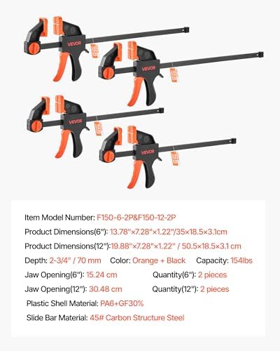 VEVOR Bar Clamps for Woodworking, 2-Pack 12 inch and 2-Pack 6 inch, One-Handed Clamp/Spreader, Quick-Grip F-Clamp with 154 lbs Load Limit, Premium Plastic and Steel, for Woodworking Metal working