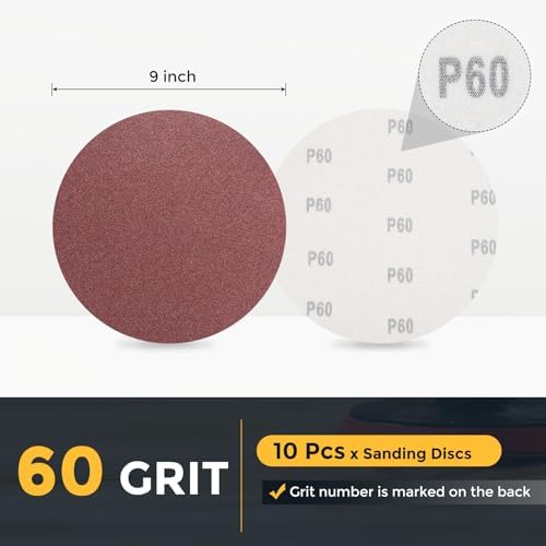 HARFINGTON 10 Pcs 9 Inch Sanding Discs 60 Grit Red Aluminum Oxide