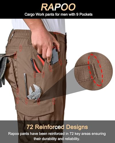 Rapoo Men's Ripstop Cargo Pants Work Pants EDC with 9 Pockets Hiking Pants