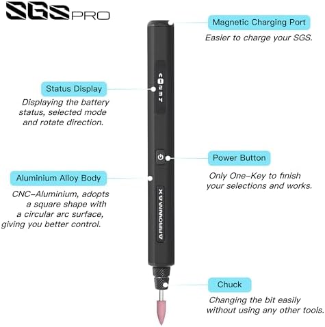 AM ARROWMAX Mini Engraving Pen with 42 Bits - Rotary Tool Smart Motion Control, OLED, Bluetooth, APP, Wireless Magnetic Charge, Engraving Pen for Metal, Wood, Glass and Plastic (SGS PRO) Black