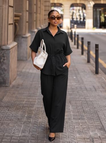 Two Piece Sets for Women Dressy Shirt Top Flared Pants Business Pantsuits