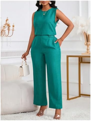 Floerns Women's 2 Piece Sets Dressy Outfits Bussiness casual Crew Neck Sleeveless Blouse and Elegant Pants Set