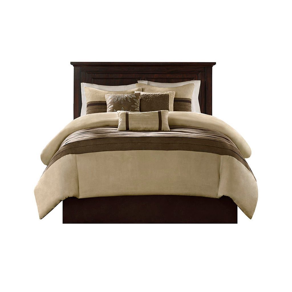 7 PC Pieced Faux Suede Comforter Set Natural Queen