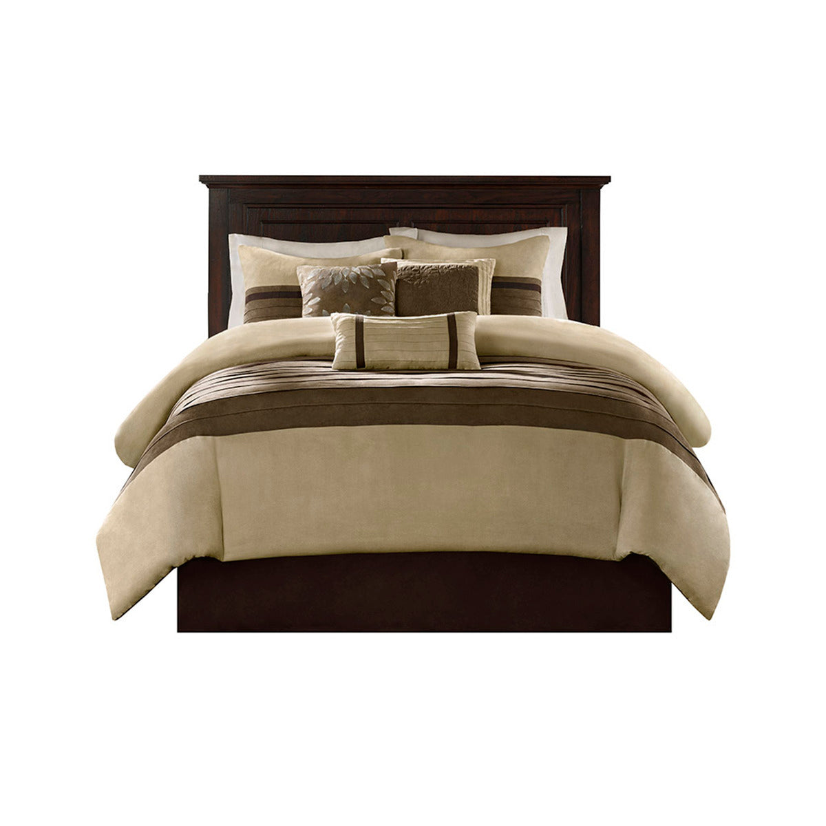 7 PC Pieced Faux Suede Comforter Set Natural Queen