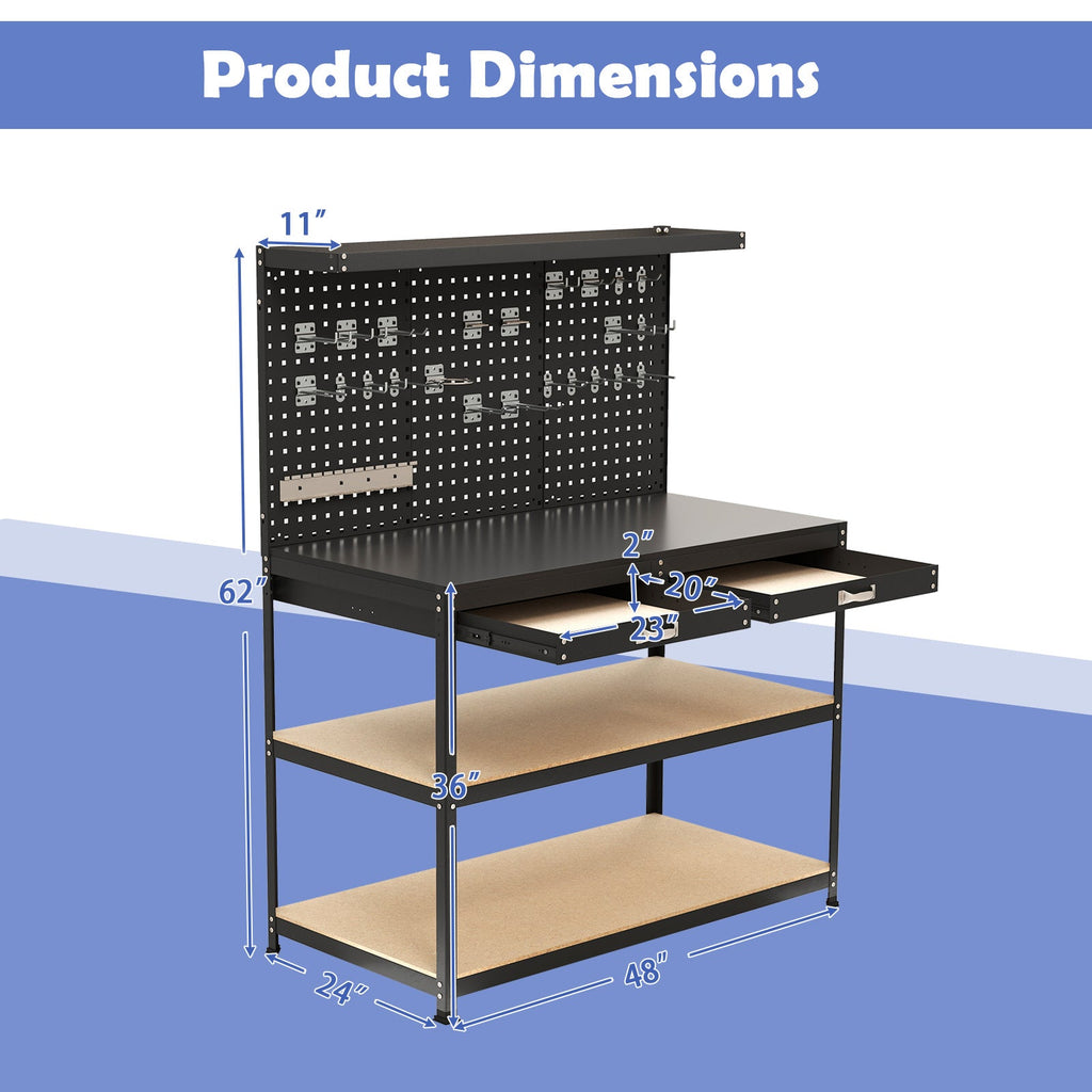 48 x 24 Inch Workbench Work Table with 3 PCs Pegboard Drawer and Shelves
