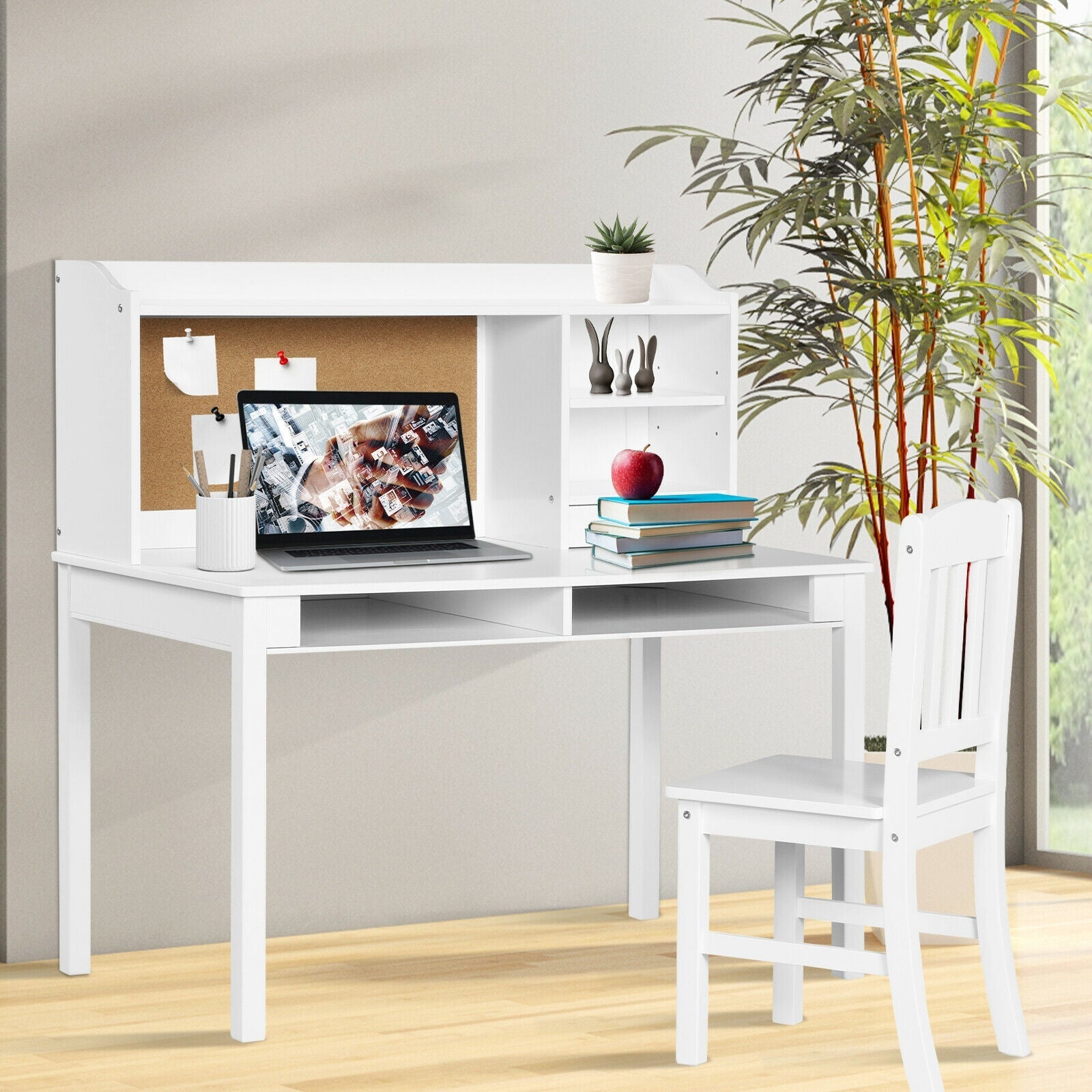 Kids Desk and Chair Set Study Writing Desk with Hutch and Bookshelves