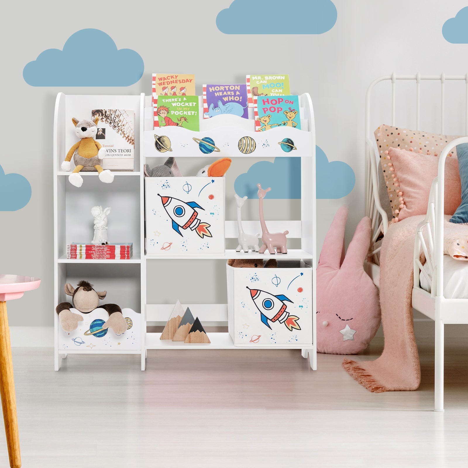 Wooden Children Storage Cabinet with Storage Bins-Rocket Pattern