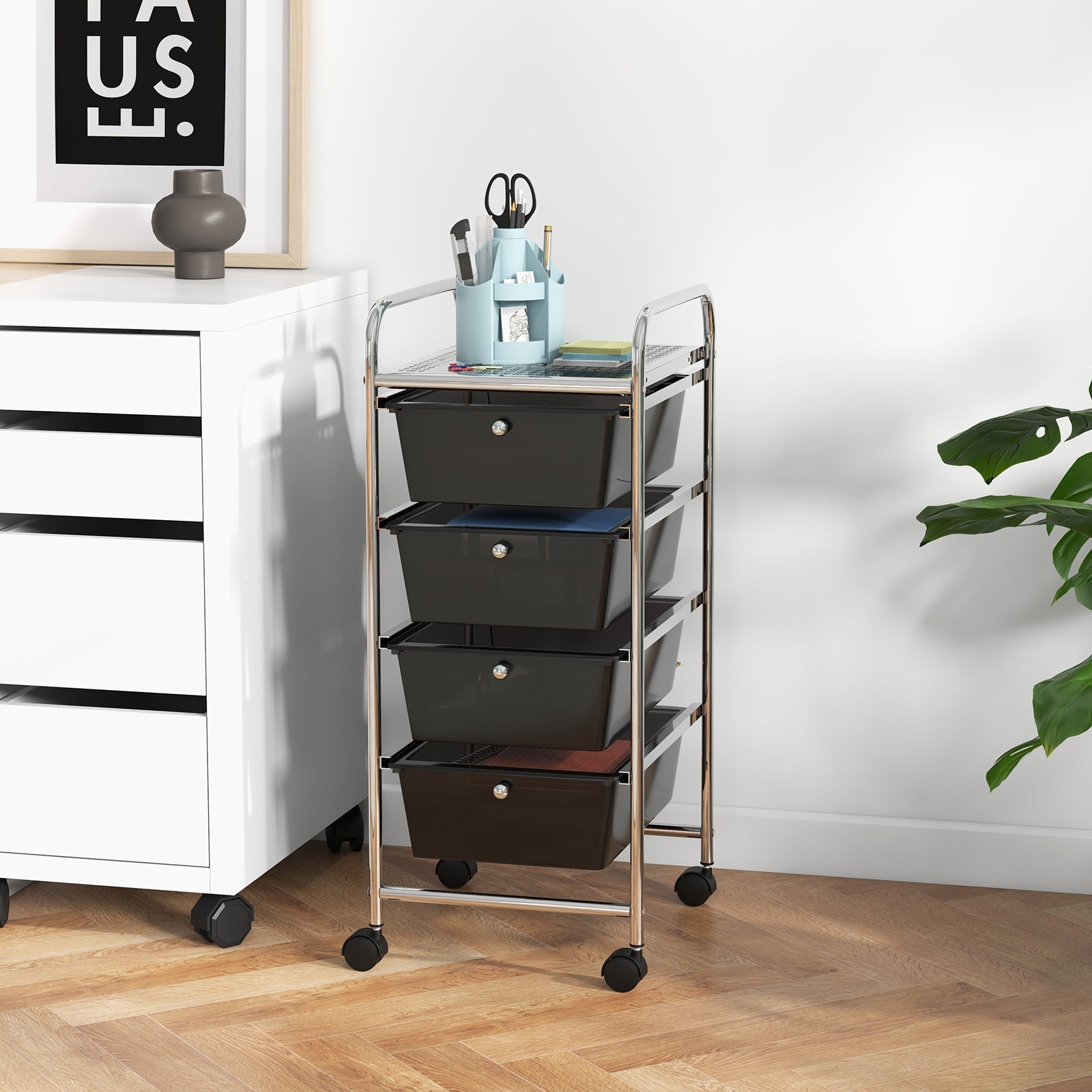 4-Drawer Cart Storage Bin Organizer Rolling with Plastic Drawers