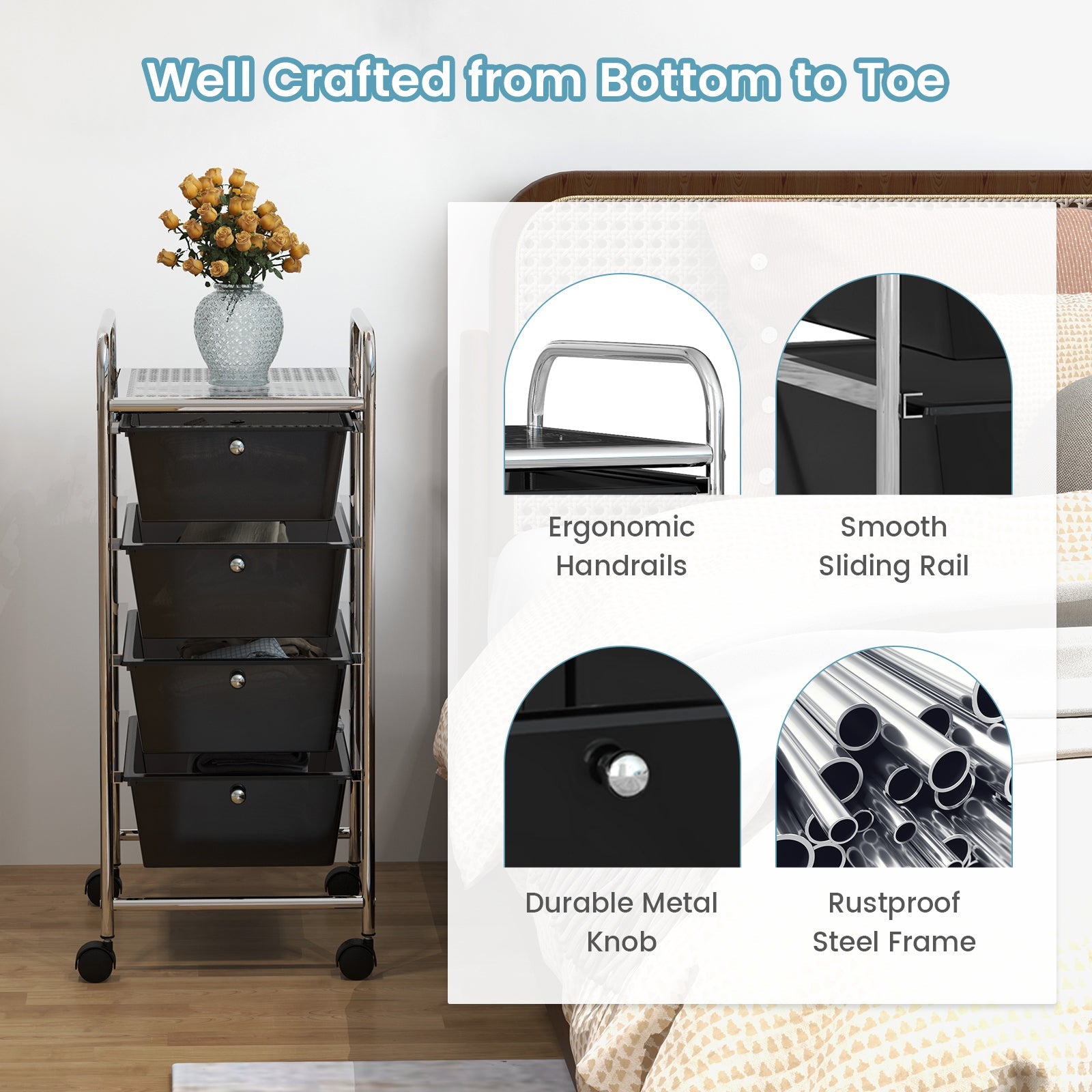 4-Drawer Cart Storage Bin Organizer Rolling with Plastic Drawers