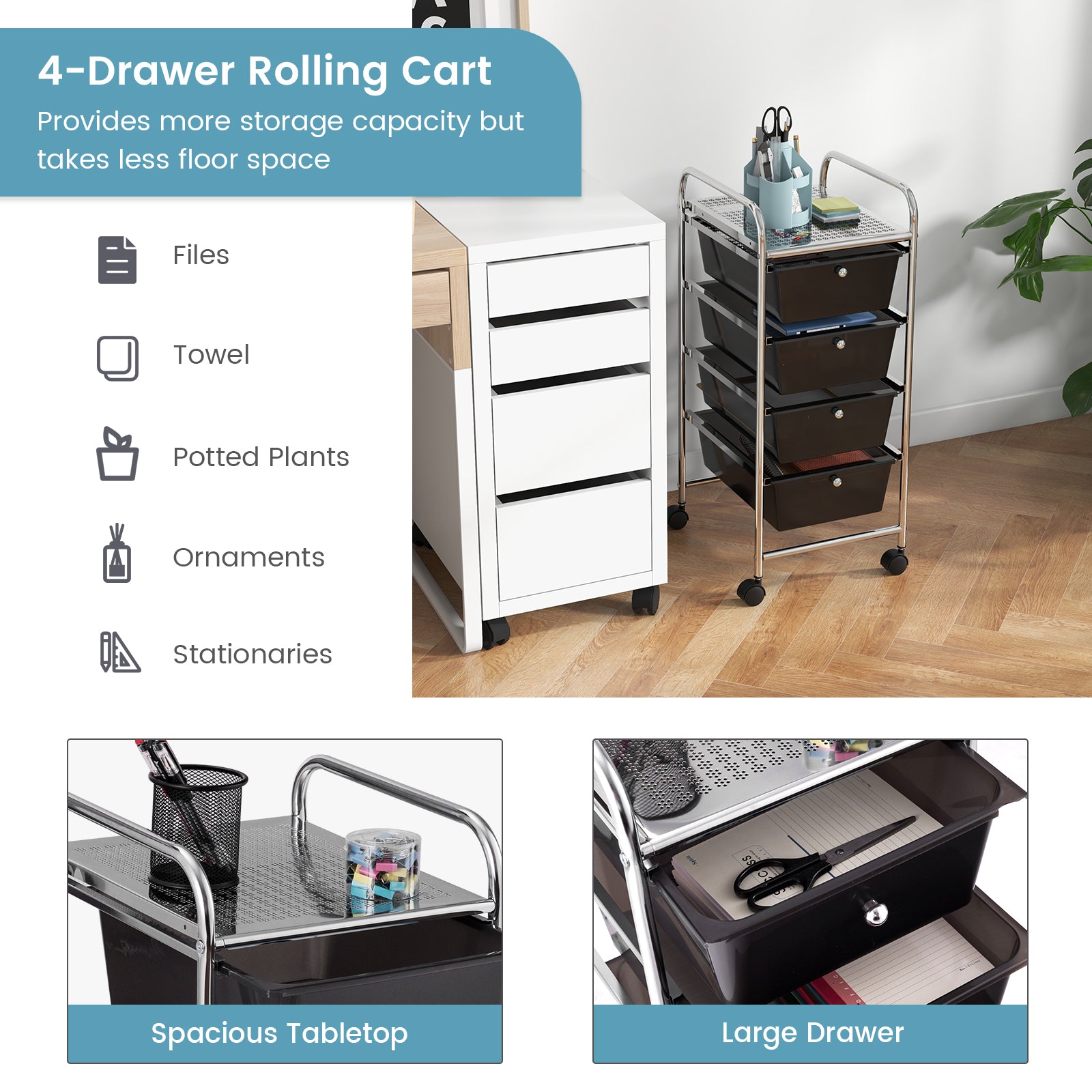 4-Drawer Cart Storage Bin Organizer Rolling with Plastic Drawers