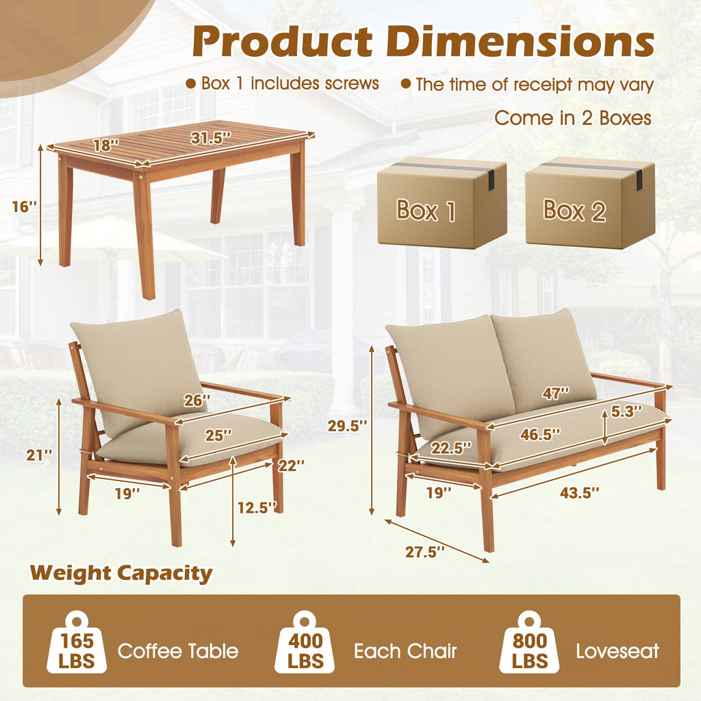 4 Pieces Outdoor Acacia Wood Conversation Set with Soft Cushions and Coffee Table-White