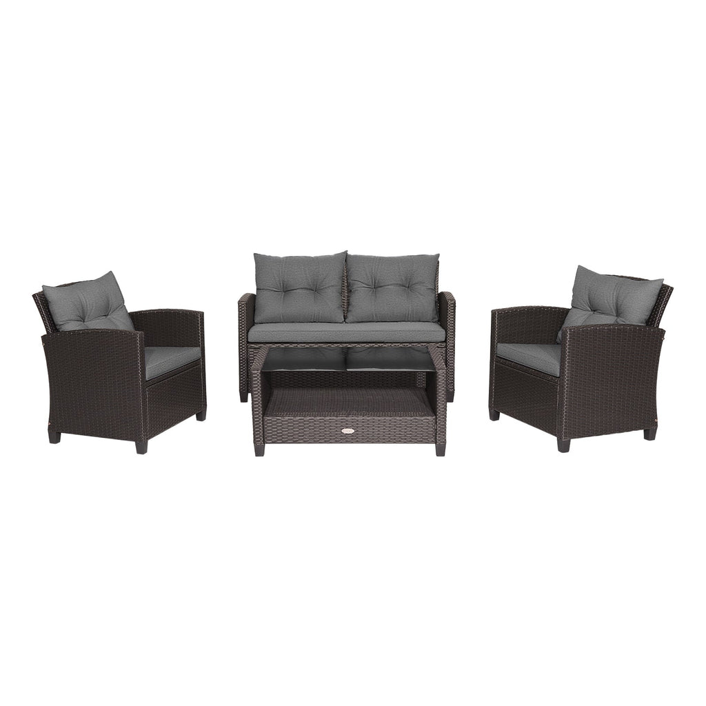 4 Pieces Patio Rattan Conversation Furniture Set with Glass Top Coffee Table-Gray