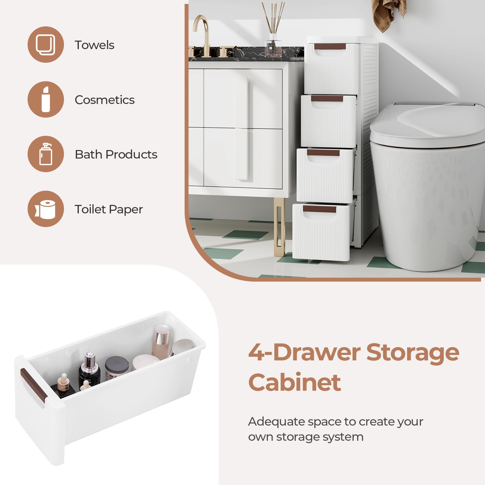 3/4/5/6-Drawer Rolling Organizer Unit Narrow Storage Cabinet with Built-In Wheels for Small Space-4-Drawer