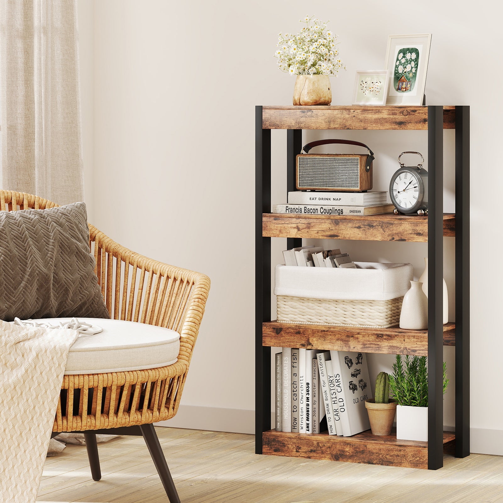 4 Tier Bookshelf Wooden Bookcase with Dual Anti-Tipping Kits