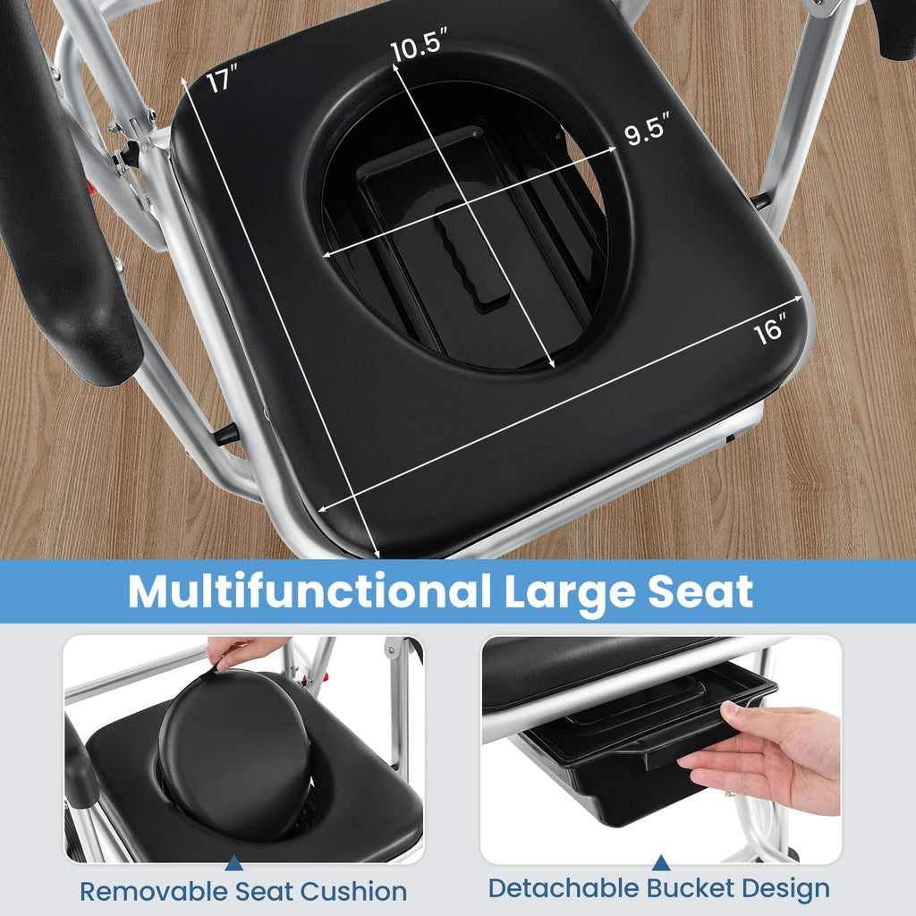 4-in-1 Foldable Bedside Commode Chair with Brakes and Bucket and Footrest