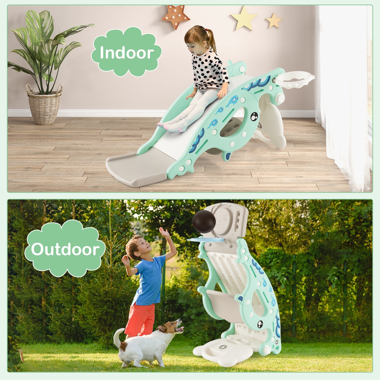 4-in-1 Kids Slide Rocking Horse with Basketball and Ring Toss