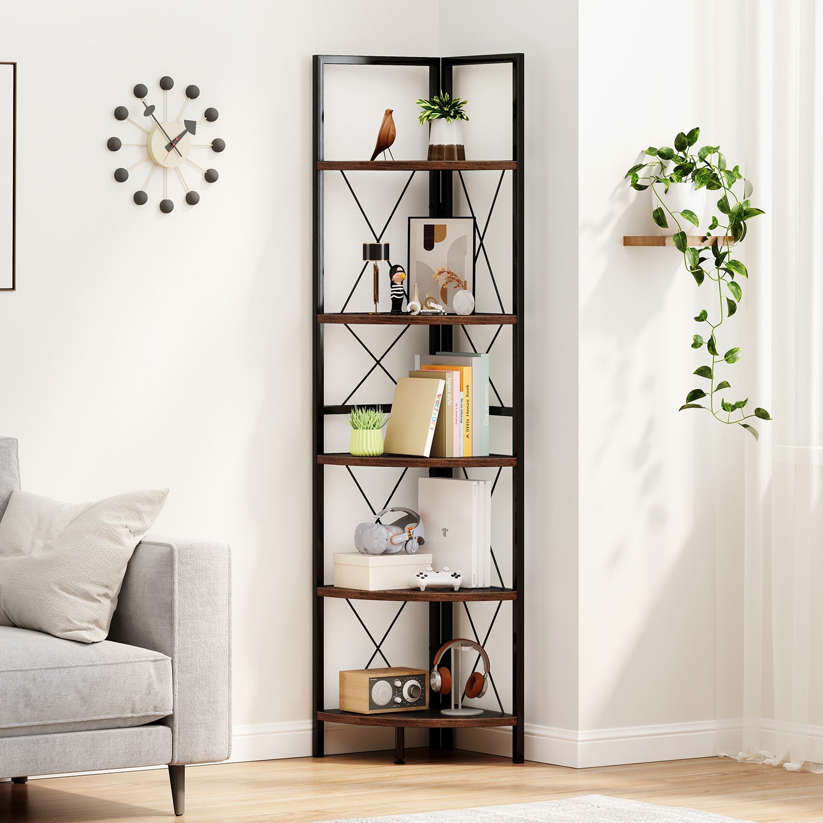5-Tier Freestanding Corner Shelf 63 Inch Tall Storage Rack