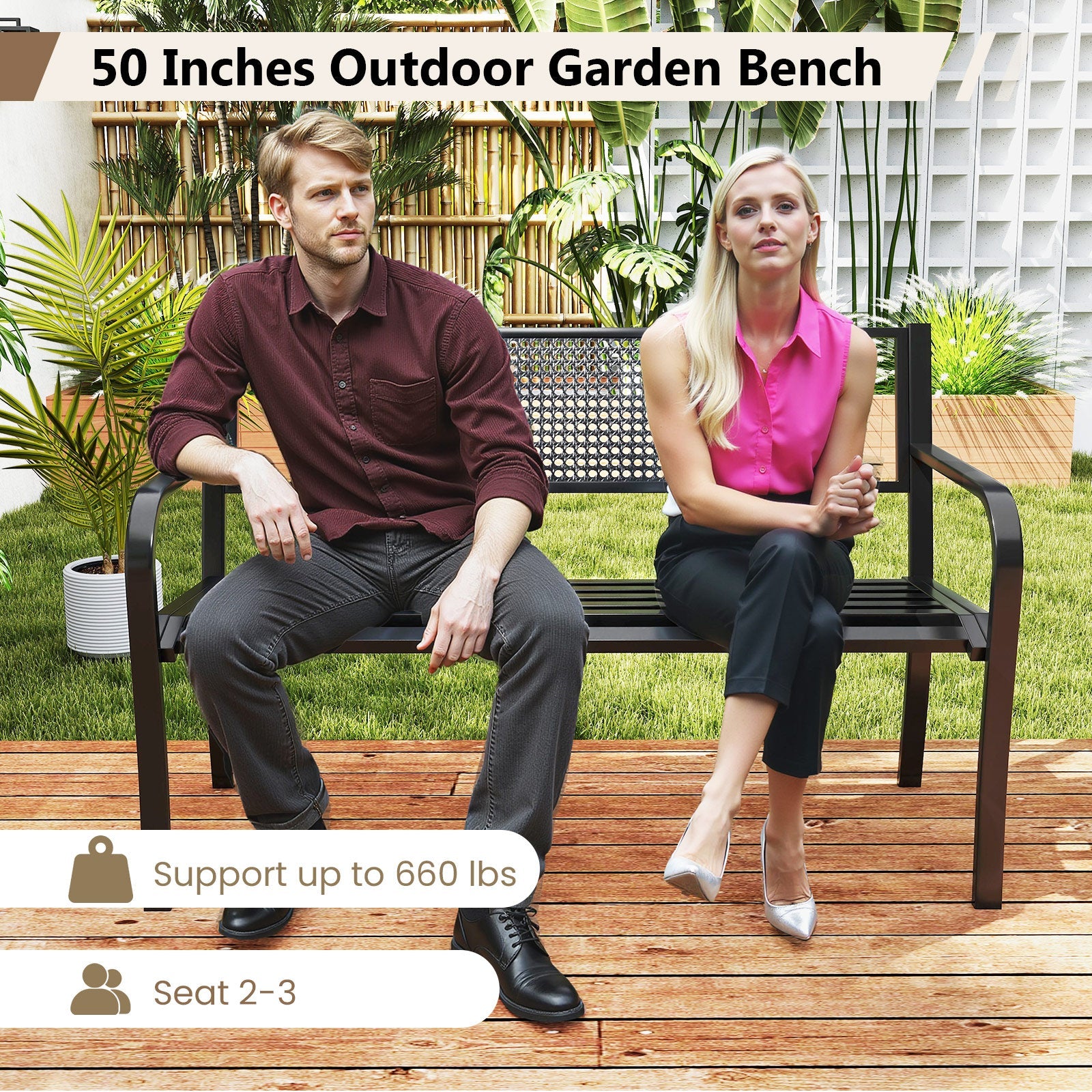 50 Inches Garden Bench with Patterned Backrest and Curved Armrests-Black