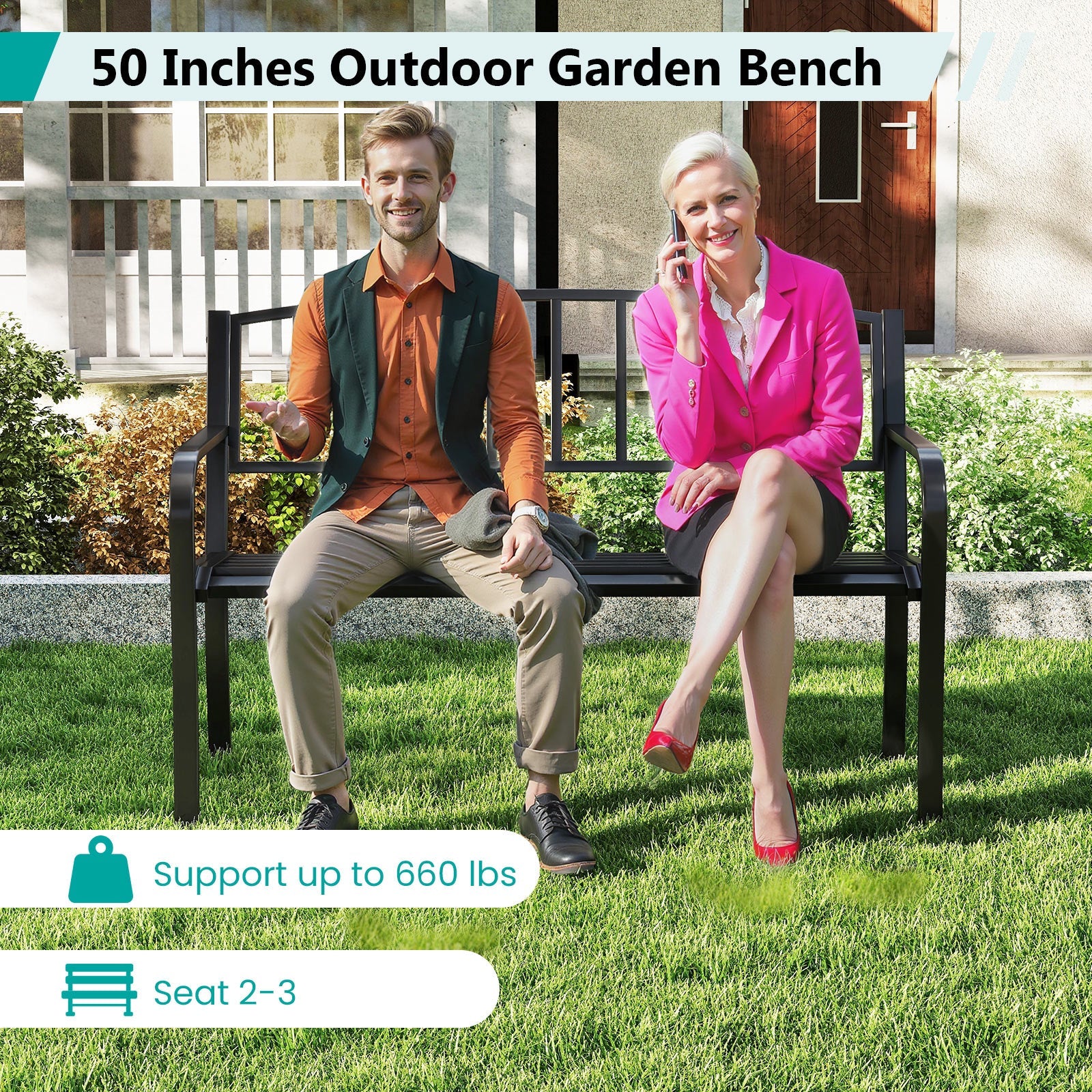 50 Inches Outdoor Garden Bench with Slatted Backrest and Curved Armrests-Black