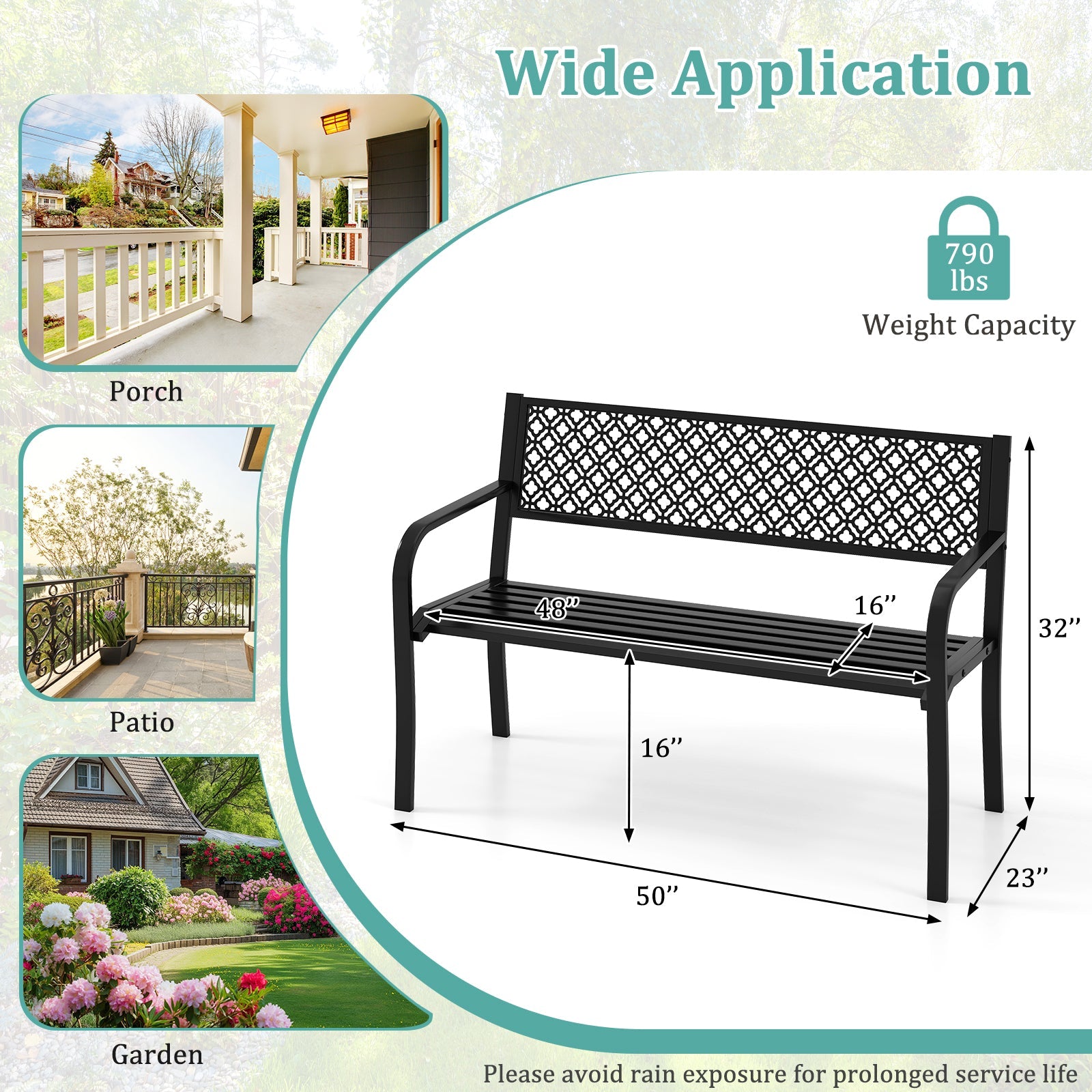 50 Inches Outdoor Garden Bench with Geometric Lattice Backrest and Slatted Seat