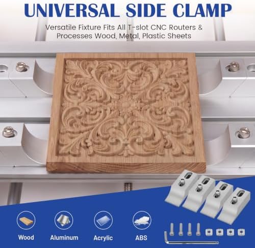 4-Piece CNC Low Profile Side Clamps, Premium Aluminum Lateral Edge Clamping Vise Set for Milling & Engraving Machines, Heavy-Duty 60kN Workholding Fixture for T-Slot & Perforated Tables (3.14"x1.14")