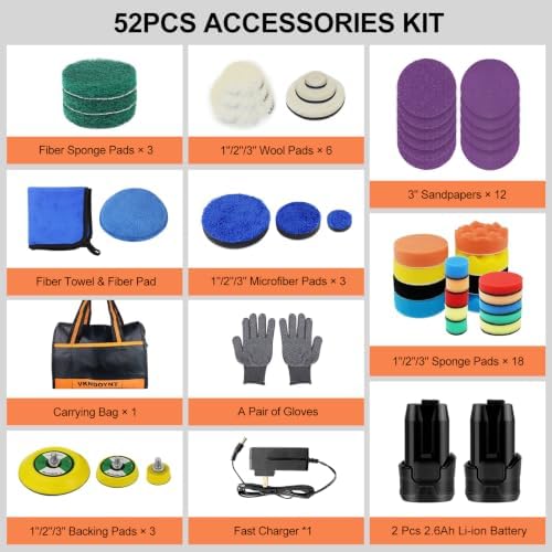 Brushless Cordless Polisher, 2 Variable Speed Mini Buffer Polisher (0-500/0-3000 RPM), 2x2600mAh Batteries, 1/2/3" Backing Pads, 52 Accessories, Small Sander for Car Detailing/Buffing/Sanding/Waxing