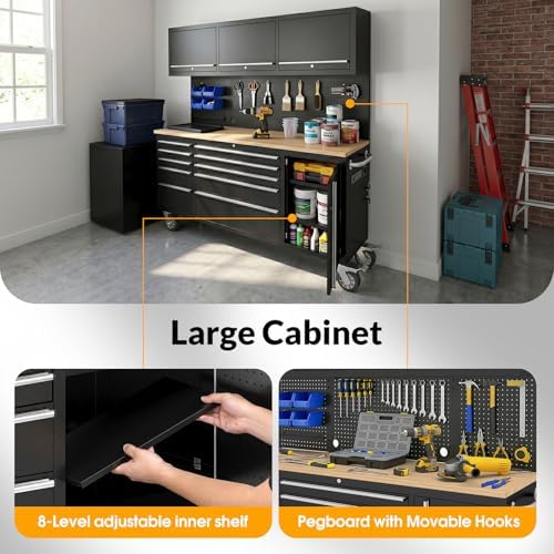 72” Rolling Tool Chest, Garage Cabinets Workbench with 10 Storage Drawers and Wheels, 3 Upper Cabinet, Pegboard, Light Strip, Steel Large Tool Box