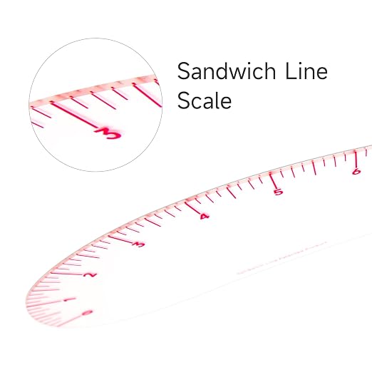 KEARING 24inch French Curve Ruler for Pattern Making, Vary Form Curve Ruler for Sewing, Sandwich Line Scale, Clear Hip Measuring Curve Transparent Fashion Designer's Ruler