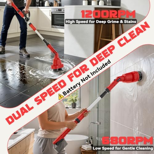 NATBEESY 2 in 1 Electric Spin Scrubber Compatible with Milwaukee 18V Battery (Tool Only), Dual Head Power Scrubber, 680/1200 RPM, 45° Adjustable Head, Extendable Handle for Tile, Tub, Floor & Bathroom