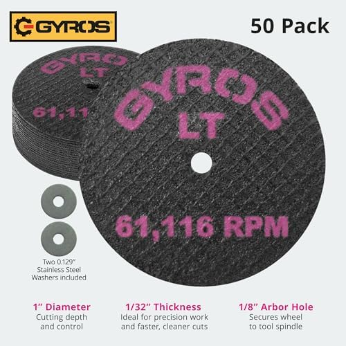 GYROS Cut-Off Wheels for Rotary Tools – 1” Low-Tensile Fiberglass Reinforced, 50-Pack | Cuts Wood, Plastic, Stone, Ceramic, Aluminum, Copper, Brass | Made in USA 11-32102/50