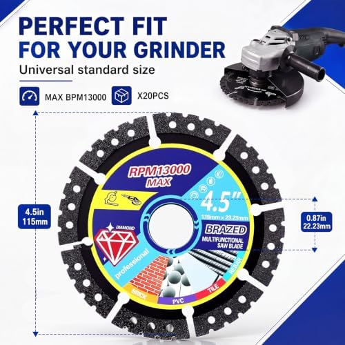 20 Pcs 4.5" Diamond Saw Blades Bulk Diamond Cutting Wheel for Angle Grinder 4 1/2'' Multi Purpose Heavy Duty Angle Grinder Discs for Cutting Metal Tile Rebar Steel Marble, 7/8'' Arbor(Sticker Style)