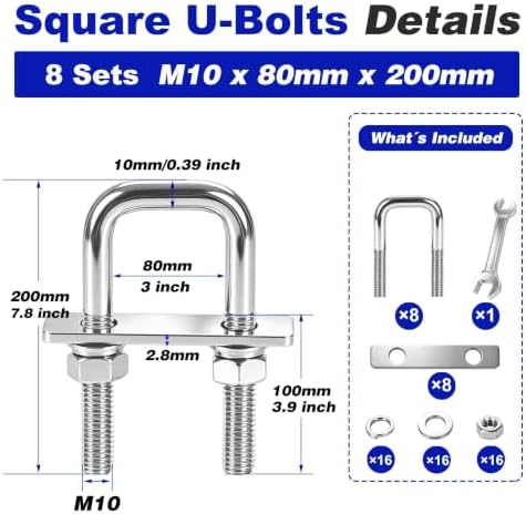 8 Pcs Heavy Duty M10 Square U Bolts Kit, 3 Inch Wide 304 Stainless Steel U-Bolt with Frame Plates and Washers, Marine Grade U Bolt M10 x 80mm W x 200mm L Trailer Axle Clamp