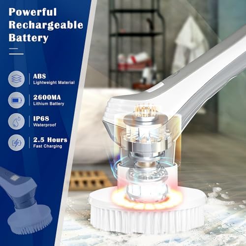 Electric Spin Scrubber, 2023 New Cordless Electric Shower Scrubber with 7 Replaceable Brush Heads & 3 Adjustable Extension Handles, IPX8 Waterproof High Speed Power Cleaning Brush for Bahroom, Kitchen