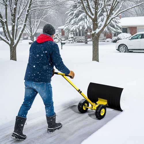 VINGLI Snow Pusher Shovel with Wheels, 29" Adjustable Ergonomic T-Handle Snow Plow for Driveway, Heavy Duty Wheeled Rolling Shovels for Snow Removal, Angle Adjustable (Black & Yellow)