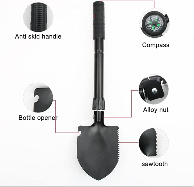 Military Small Folding Camping Shovel, Mini Compact Pickaxe with Carrying Pouch for Gardening, Off Road, Hunting, Car Emergency, Remove Ice (Black)