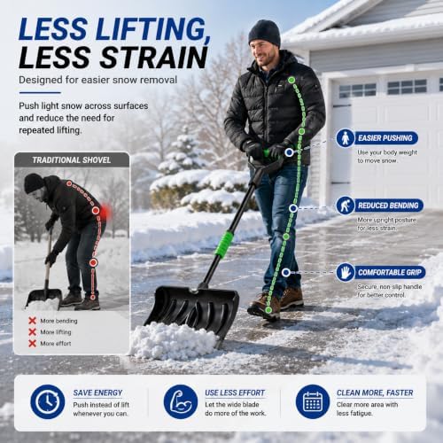 DMJN [2026 Upgraded] 2-in-1 Snow Pusher & Snow Shovel, 53" Aluminum Snow Removal Tool with 20" Wide Pusher & 10" Shovel for Driveways, Sidewalks, Steps and Walkways